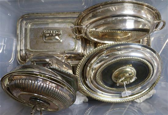 A collection of silver plated entree tureens and lids